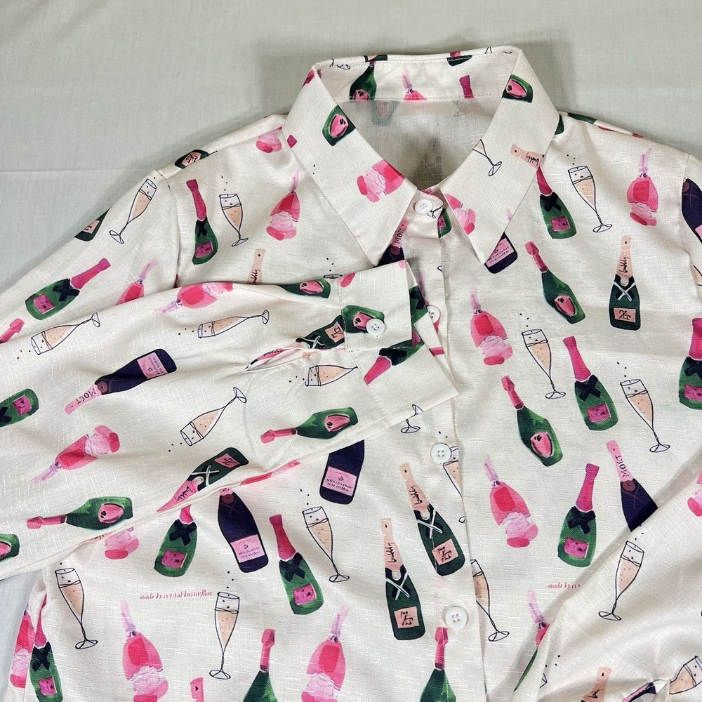 Womens Champagne Bottle Print Shirt Small Button Up Novelty Party Brunch Top